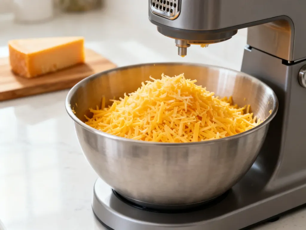 Świeżo starty żółty ser w misie urządzenia Thermomix na tle nowoczesnej kuchni.