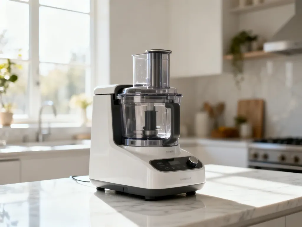 Nowoczesny robot kuchenny Thermomix na jasnym marmurowym blacie w słonecznej, minimalistycznej kuchni.