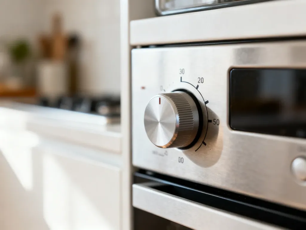 Zbliżenie na pokrętło urządzenia Thermomix ustawione na konkretną funkcję w nowoczesnej kuchni.
