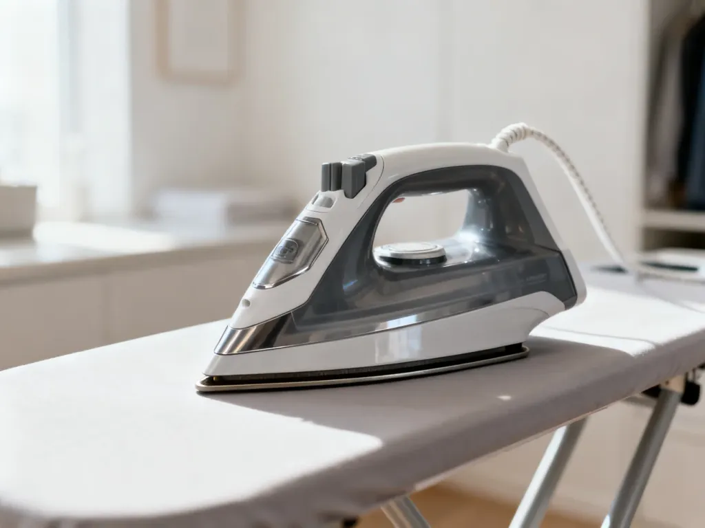 Nowoczesne żelazko Tefal spoczywające na desce do prasowania w jasnym, minimalistycznym pomieszczeniu.