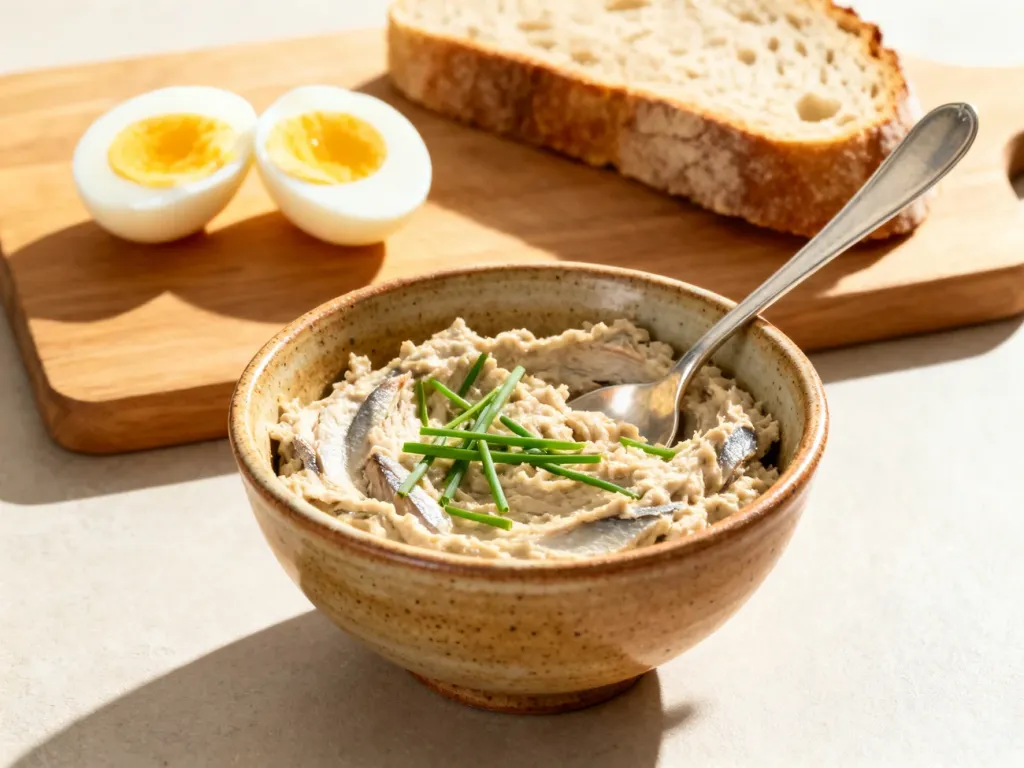 Kremowa pasta z makreli z jajkiem w ceramicznej miseczce, podana ze szczypiorkiem, kromką chleba i jajkiem na miękko.