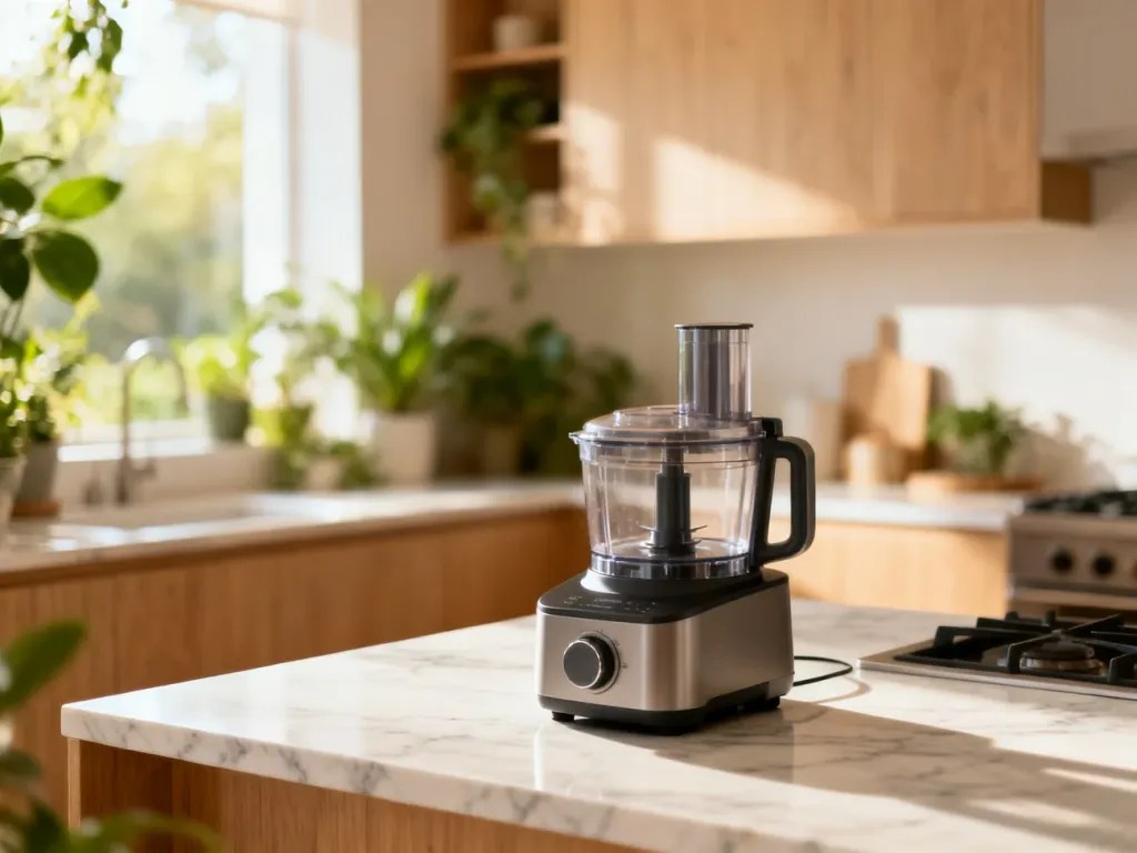 Nowoczesny robot kuchenny Thermomix na marmurowym blacie w jasnej, minimalistycznej kuchni.