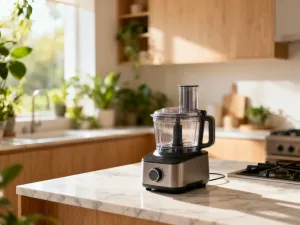Lśniąca misa miksująca urządzenia Thermomix na czystym blacie kuchennym, gotowa do użycia po dokładnym umyciu.