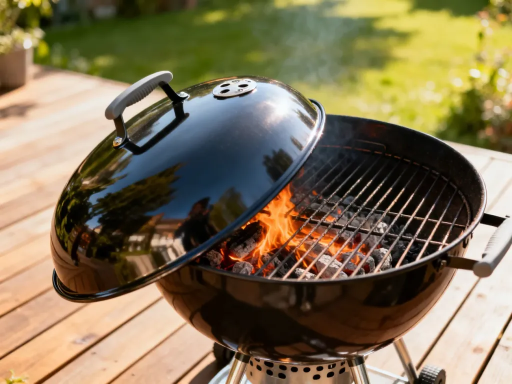 Nowoczesny grill węglowy z otwartą pokrywą na drewnianym tarasie, ukazujący rozżarzone węgle i ruszty.