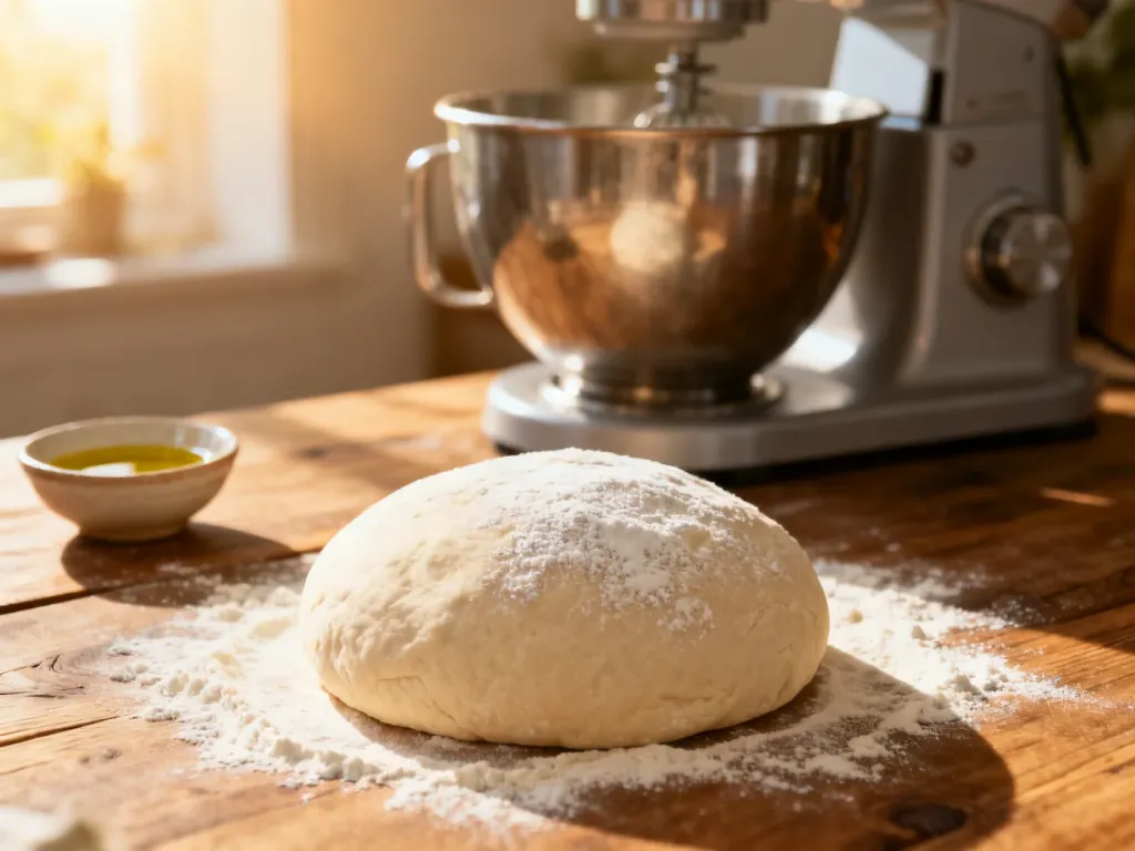 Wyrośnięta kula ciasta na pizzę oprószona mąką na drewnianym stole, obok miska z oliwą i robot kuchenny.