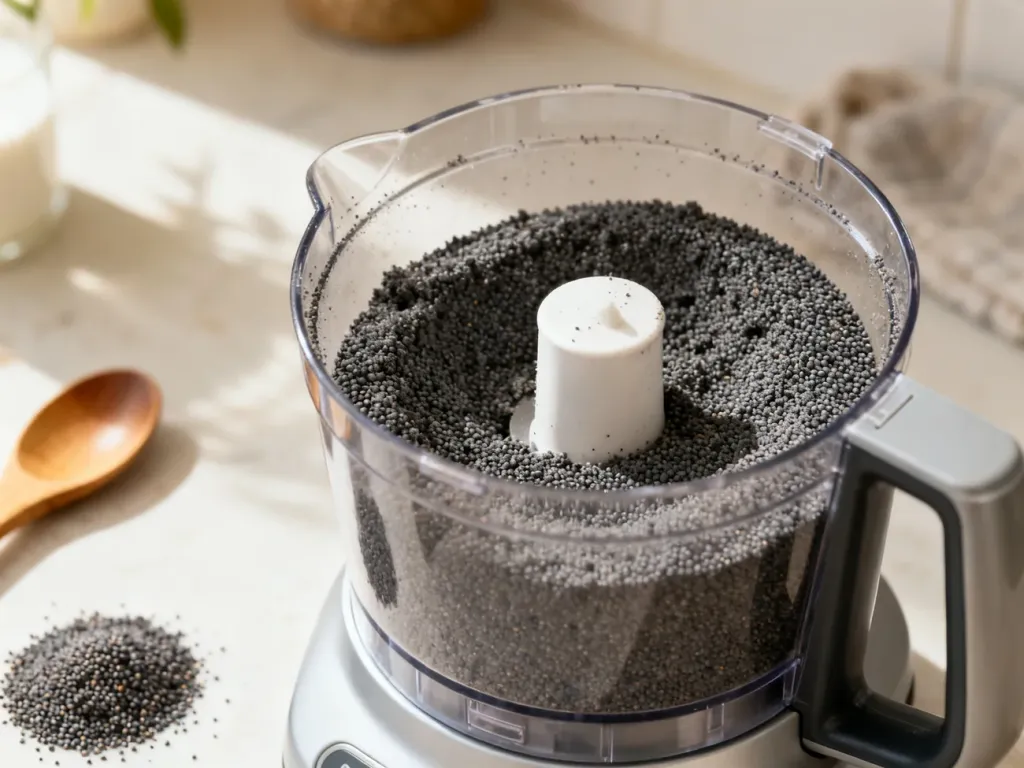 Drobno zmielony mak w misie urządzenia Thermomix oraz rozsypane ziarna na kuchennym blacie.