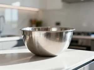 Kremowa jajecznica przygotowana w urządzeniu Thermomix, podana w białej miseczce na jasnym, kuchennym blacie.