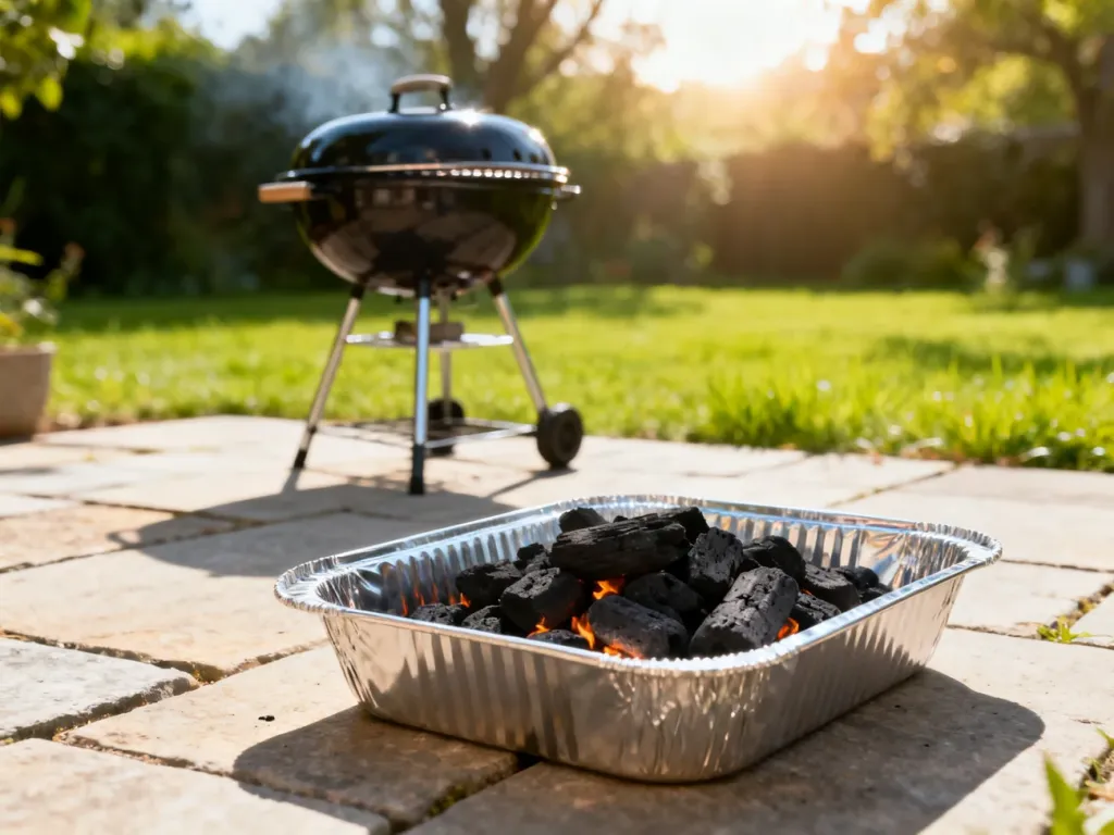 Gotowy do rozpalenia grill jednorazowy ustawiony na kamiennym tarasie w słonecznym ogrodzie.