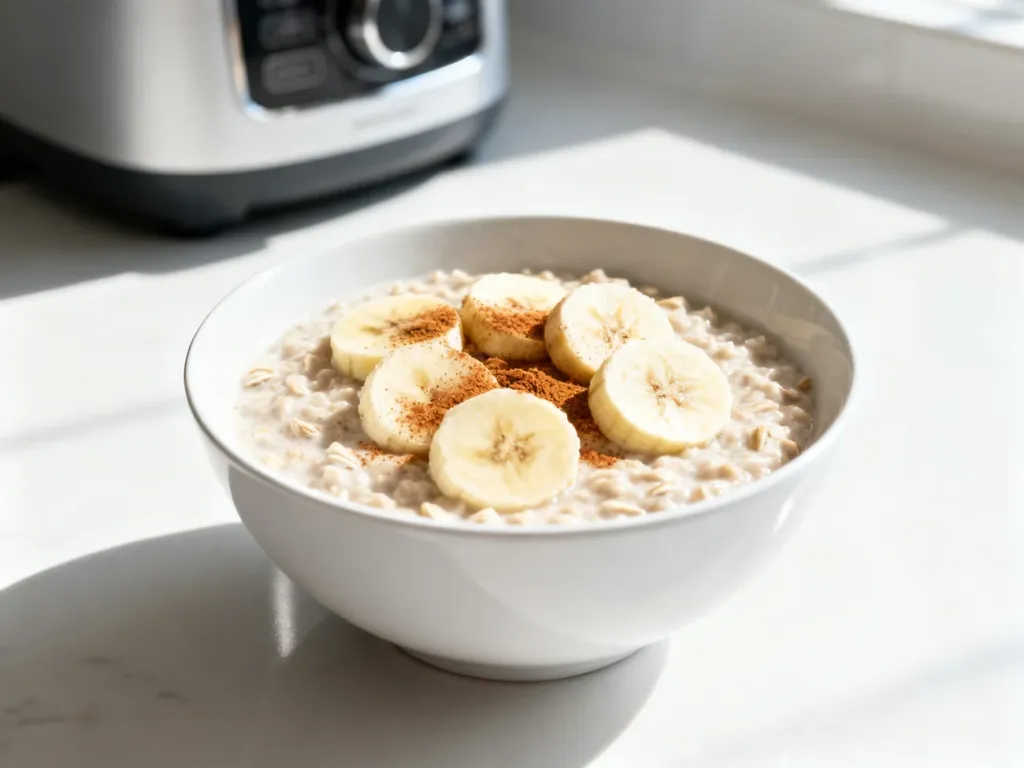 Kremowa owsianka z bananem i cynamonem w miseczce, przygotowana w Thermomixie, w jasnej, nowoczesnej kuchni.