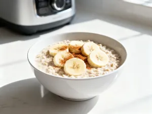 Kolorowe smoothie w ceramicznej miseczce na kuchennym blacie, przygotowane w urządzeniu Thermomix.