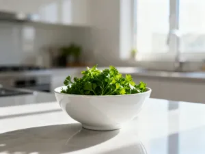 Kremowa pasta z suszonych pomidorów i twarogu w ceramicznej miseczce, podana z pajdą chleba i świeżą bazylią.