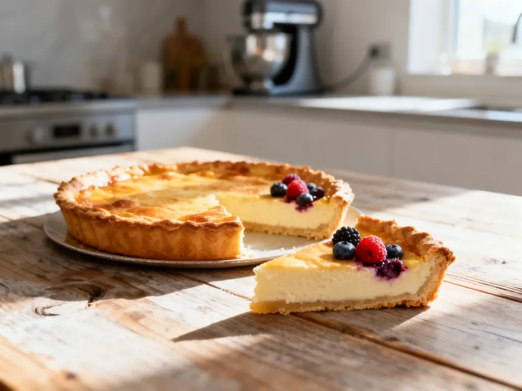 Złocista tarta z owocami i kremowym nadzieniem na drewnianym stole, przygotowana przy użyciu robota kuchennego.