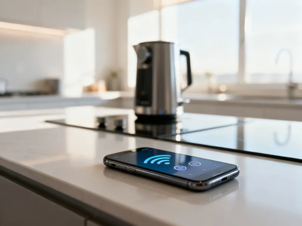 Smartfon z otwartą aplikacją Cookidoo obok urządzenia Thermomix, symbolizujący proces bezprzewodowego łączenia sprzętów.