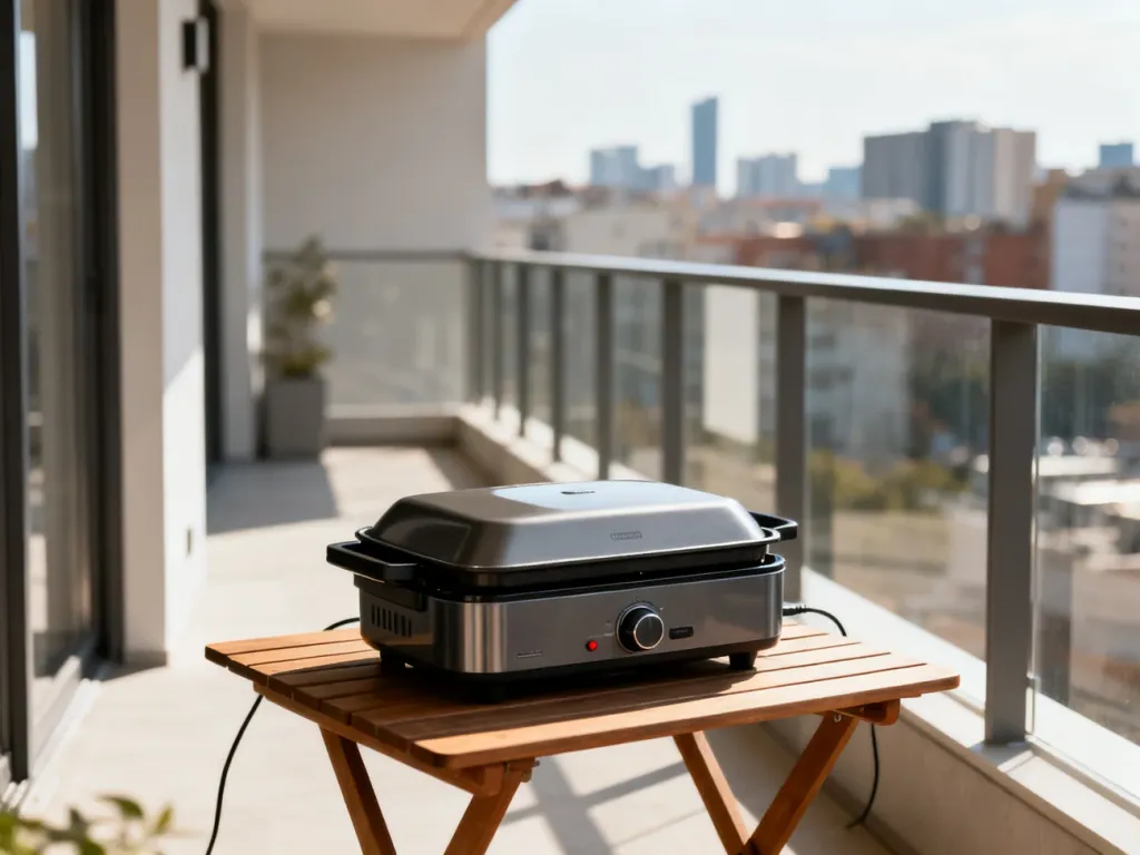 Nowoczesny grill elektryczny na balkonie w słoneczne popołudnie, prezentujący bezpieczny sposób na grillowanie w mieście.