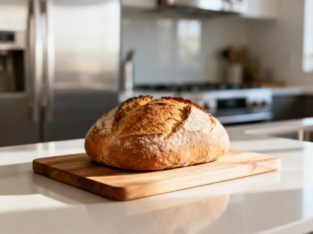 Świeżo upieczony bochenek chleba na drewnianej desce w nowoczesnej kuchni, podkreślający możliwości pieczenia w Thermomixie.