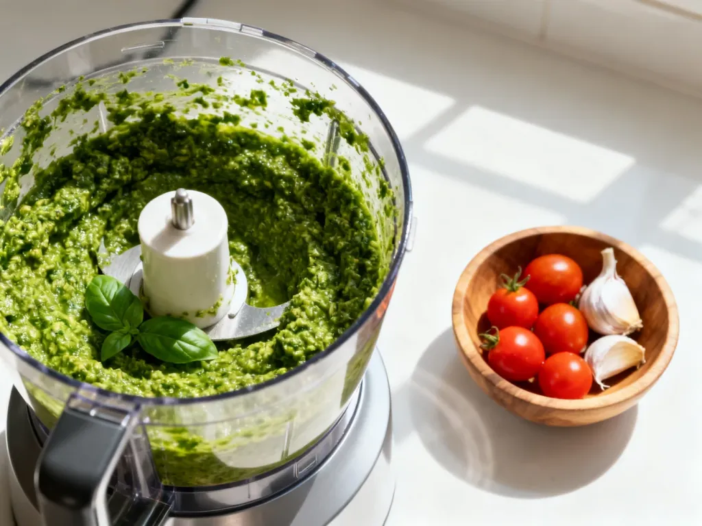 Nowoczesny robot kuchenny z przygotowanym pesto bazyliowym oraz świeże składniki na blacie w jasnej kuchni.