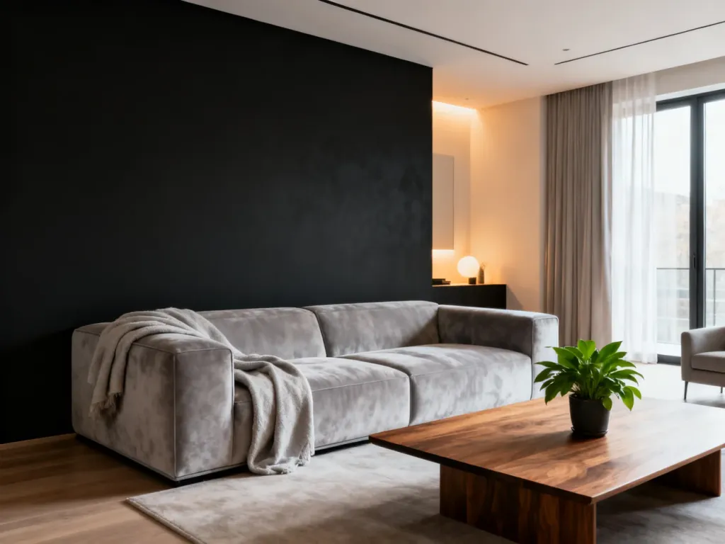 Nowoczesny salon z elegancką czarną ścianą akcentową, jasnoszarą sofą i minimalistycznymi dodatkami.