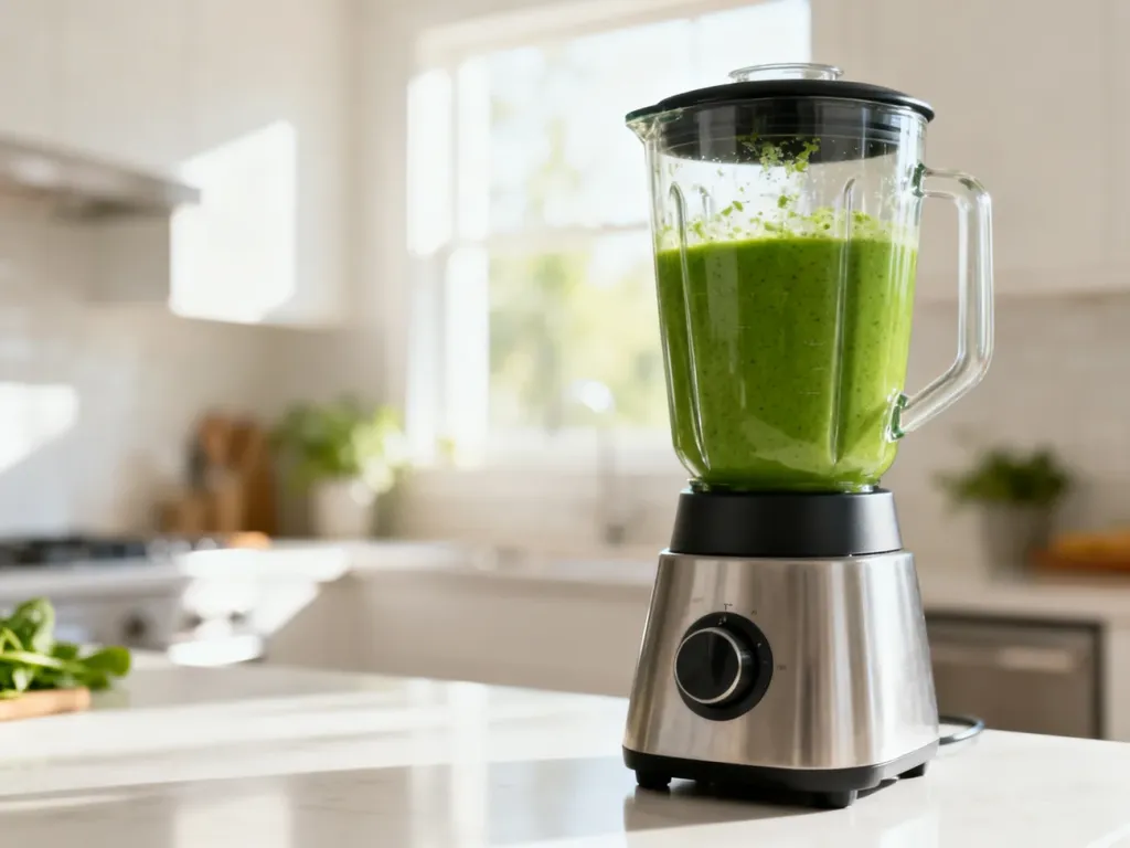 Nowoczesny blender kielichowy z zielonym smoothie na jasnym blacie kuchennym w słonecznej kuchni.