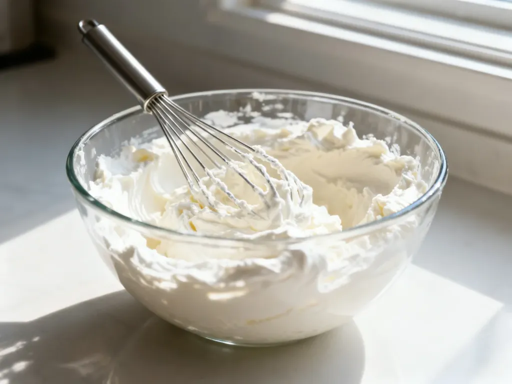 Puszysta masa ze śmietanki i mascarpone w szklanej misce z metalową trzepaczką, gotowa do użycia w wypiekach.