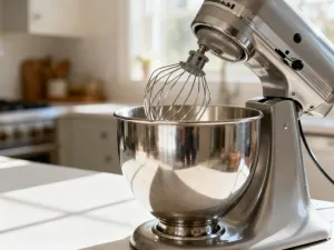 Kremowy sos aioli w ceramicznej miseczce na drewnianym stole, ozdobiony świeżym czosnkiem i natką pietruszki.