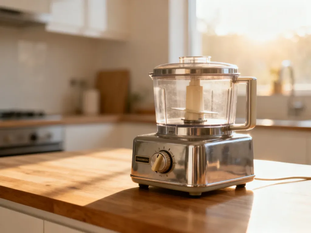 Klasyczny robot kuchenny z lat 70. na drewnianym blacie, prezentujący początki urządzenia Thermomix.