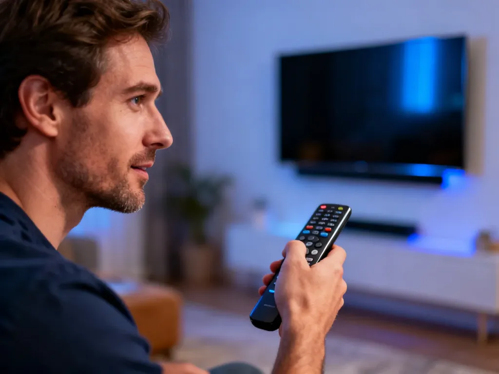 Mężczyzna trzymający pilot, kierujący go w stronę nowoczesnego telewizora zamontowanego na ścianie w salonie.