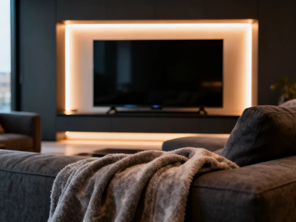 Nowoczesny salon z 55-calowym telewizorem zamontowanym na ścianie, tworzący przytulną atmosferę do oglądania filmów.