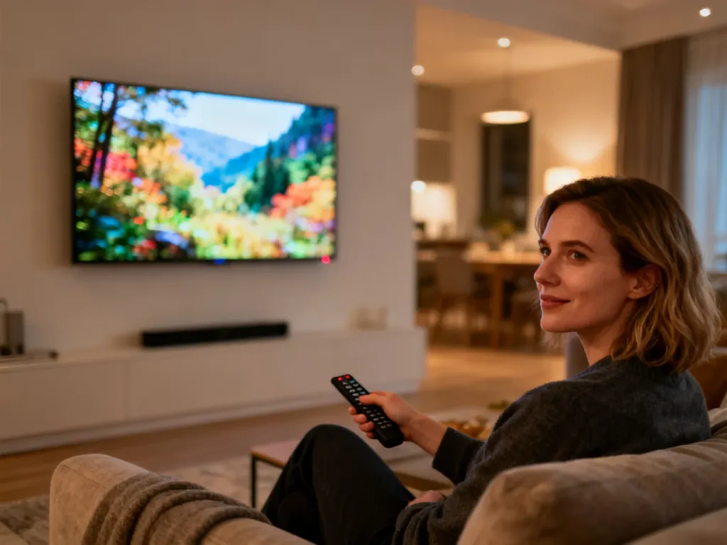 Kobieta siedząca na kanapie przed włączonym telewizorem 55 cali w przytulnym salonie.