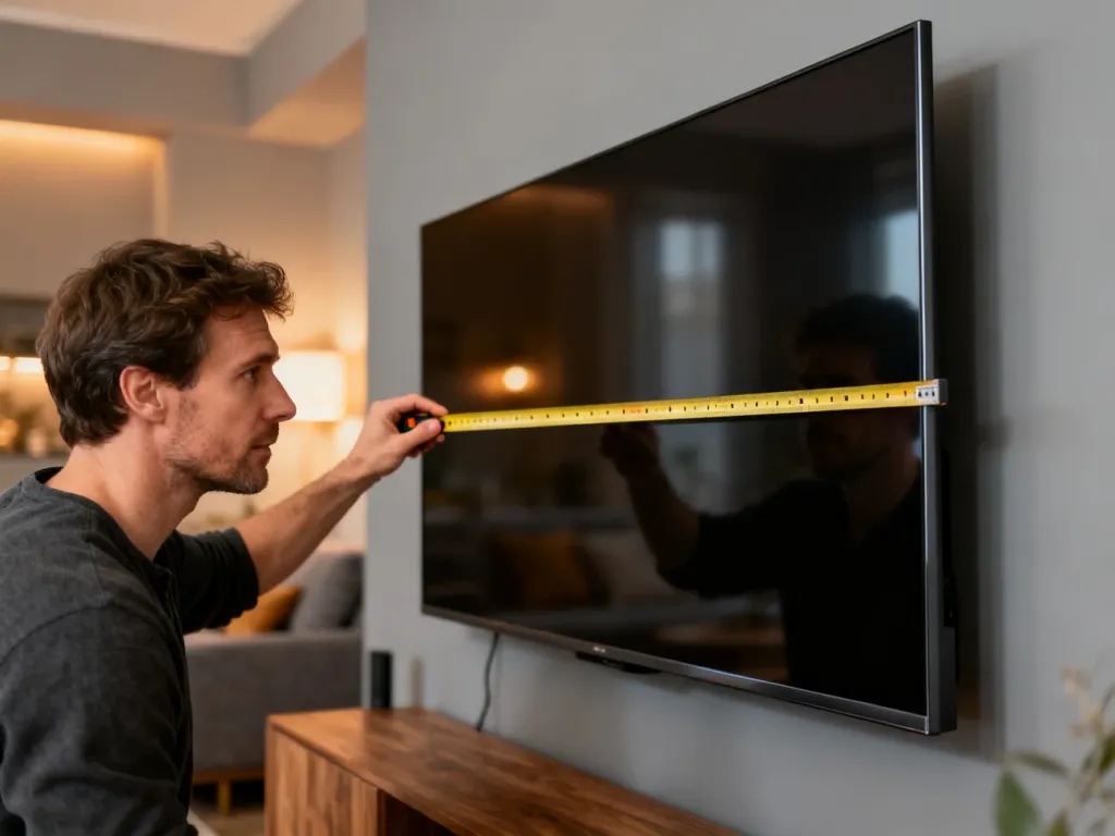 Mężczyzna mierzy miarką przekątną nowoczesnego telewizora 55-calowego zamontowanego na ścianie w salonie.