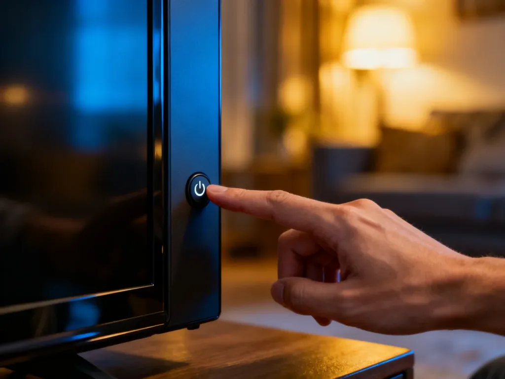 Dłoń naciskająca fizyczny przycisk zasilania na bocznej obudowie nowoczesnego telewizora Samsung.