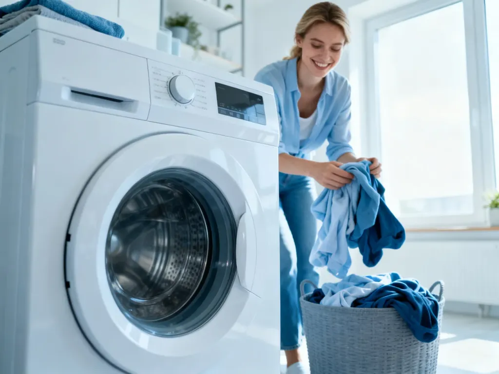 Kobieta uśmiecha się podczas wkładania prania do nowoczesnej pralki Electrolux w jasnej, minimalistycznej pralni.