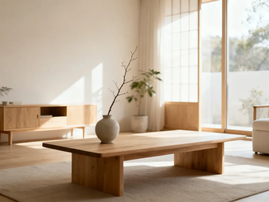 Minimalistyczny salon w stylu japandi z jasnym drewnem, ceramicznym wazonem i przytulnym, naturalnym oświetleniem.
