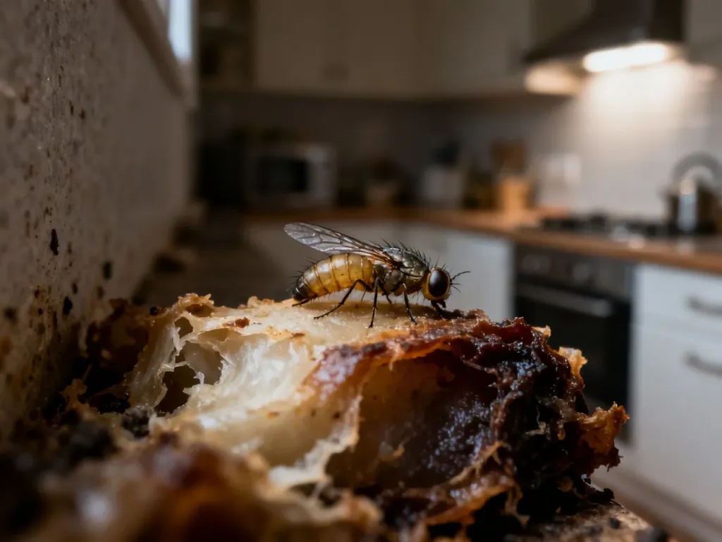 Zbliżenie na larwy much żerujące na odpadkach organicznych w rogu kuchni. Ilustracja problemu z insektami w domu.