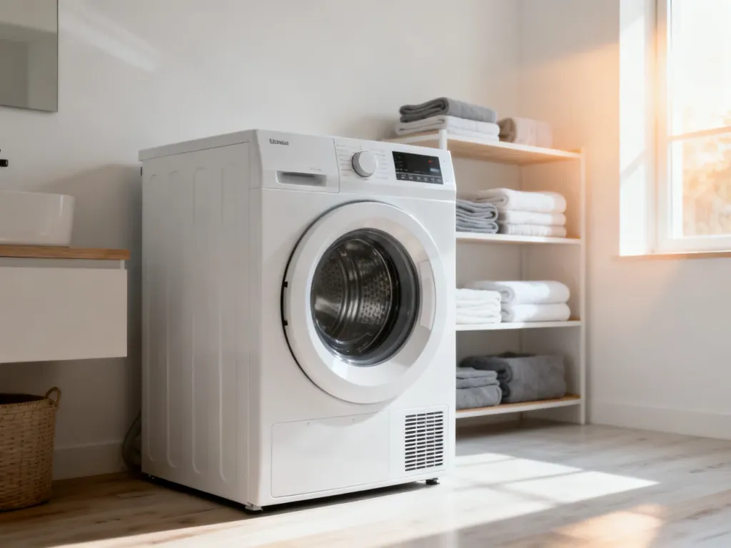 Nowoczesna suszarka bębnowa Electrolux w jasnej, uporządkowanej pralni z półkami pełnymi ręczników.