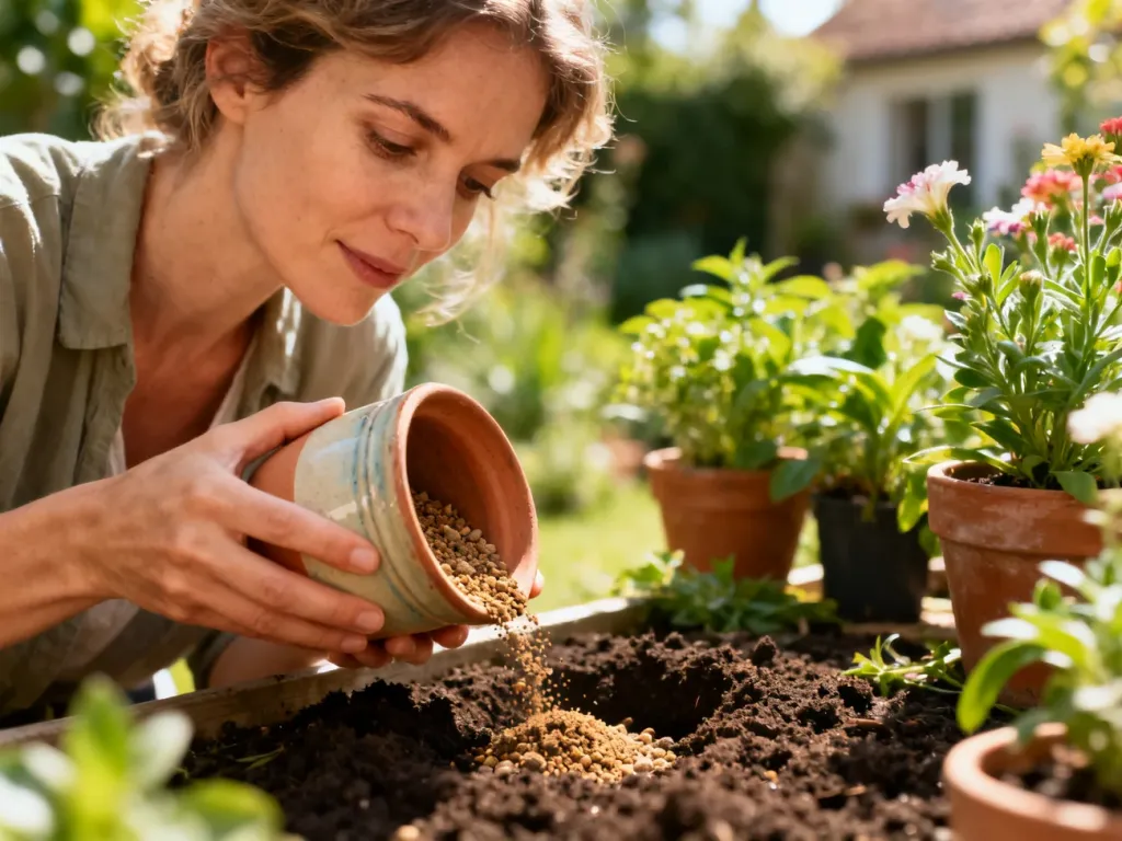 Kobieta nawozi roślinę doniczkową domowym nawozem organicznym w słonecznym ogrodzie.