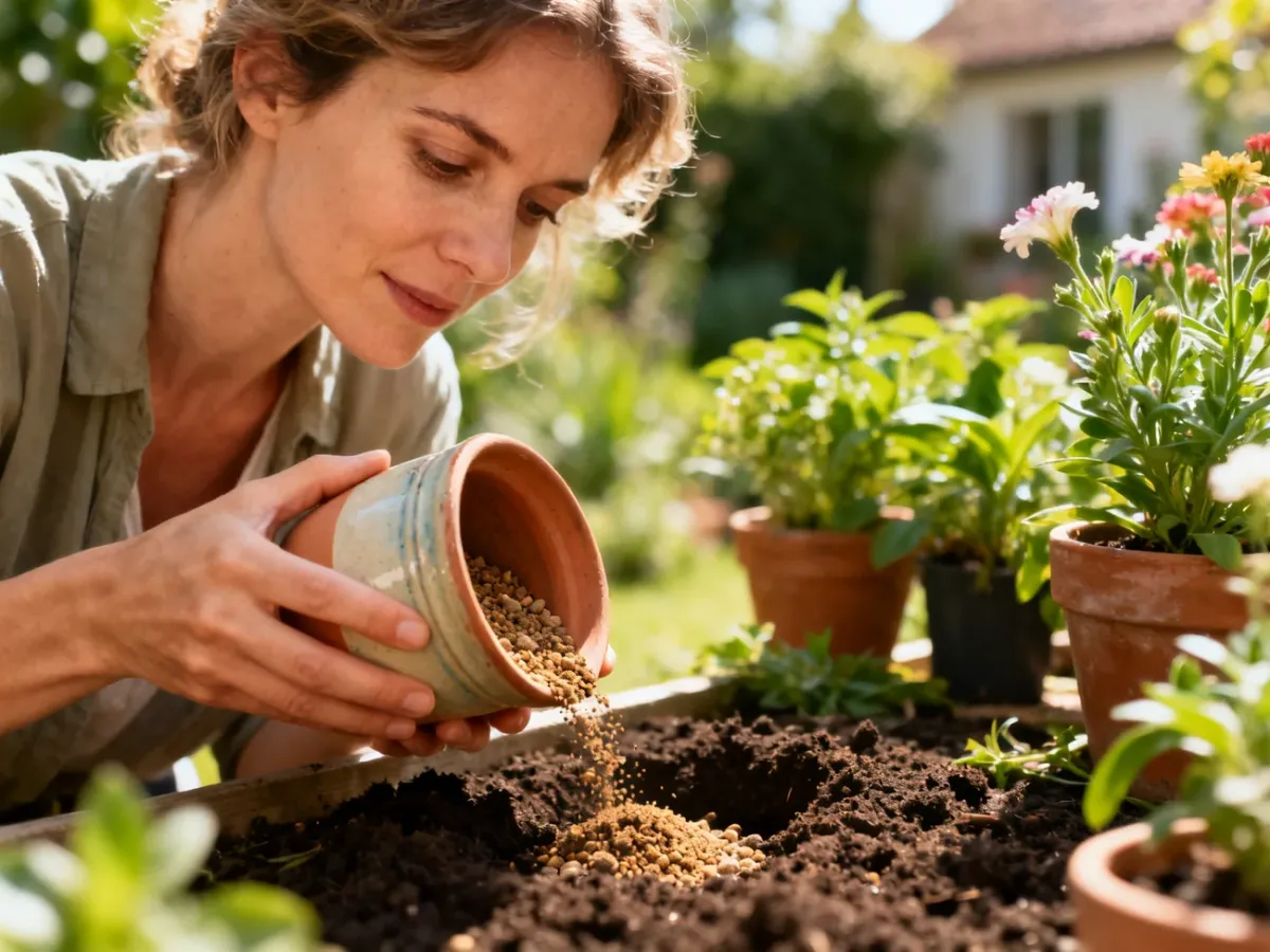Kobieta nawozi roślinę doniczkową domowym nawozem organicznym w słonecznym ogrodzie.