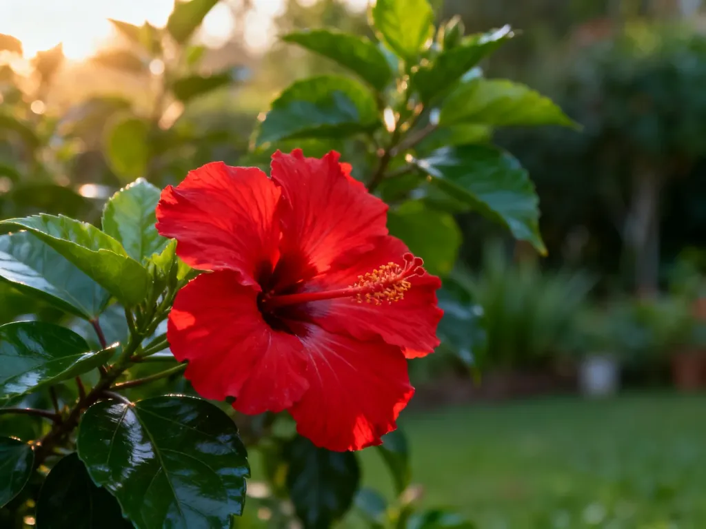 Zbliżenie na intensywnie czerwony kwiat hibiskusa z zielonymi liśćmi w słonecznym ogrodzie.