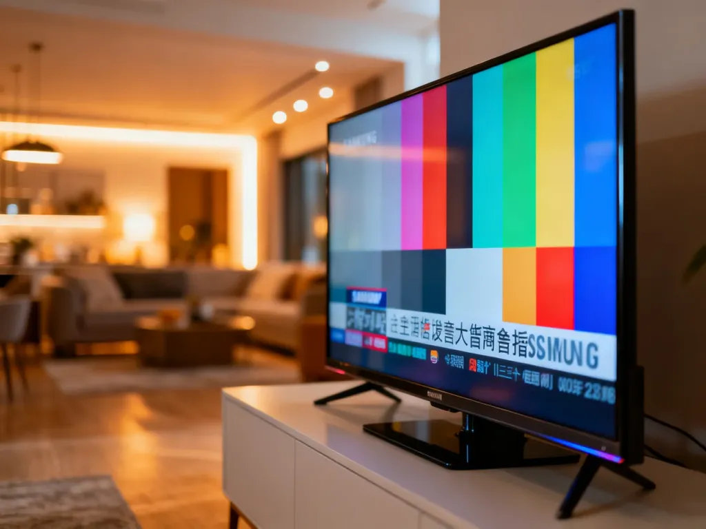 Nowoczesny telewizor Samsung wyświetlający wyraźny obraz telewizji naziemnej w przytulnym salonie.