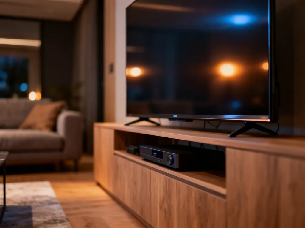 Nowoczesny telewizor 4K zamontowany na drewnianej ścianie w przytulnym salonie, tworzący zestaw kina domowego.