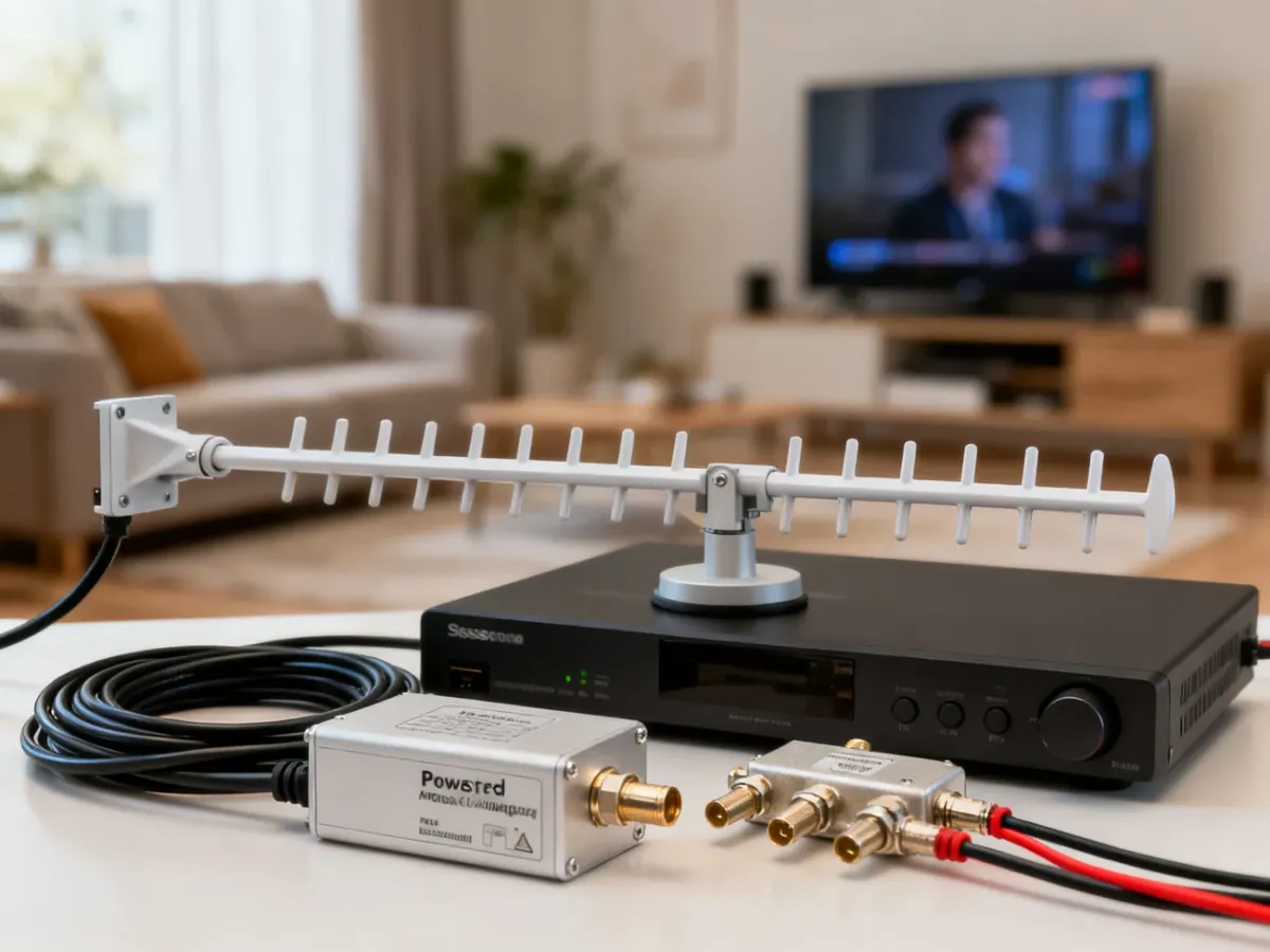 Elementy instalacji antenowej z anteną aktywną, pasywną i rozgałęźnikiem