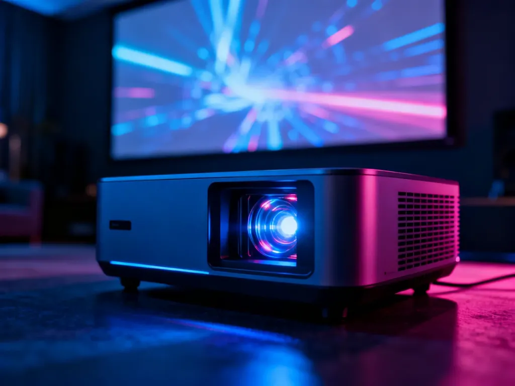 Nowoczesny projektor laserowy Barco w profesjonalnej sali kinowej, wyświetlający żywy obraz na dużym ekranie.