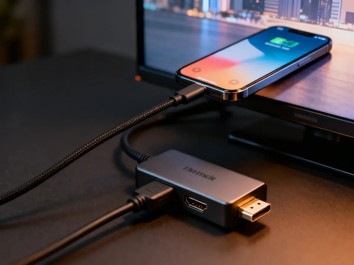 Telefon podłączony do telewizora za pomocą adaptera HDMI