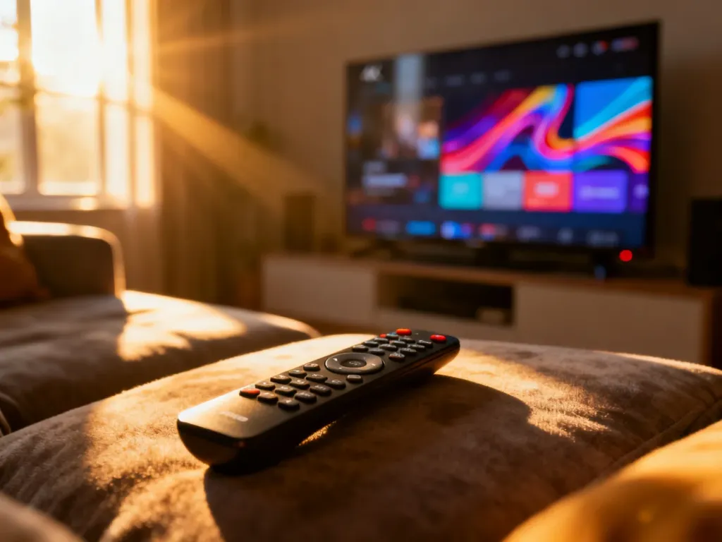 Nowoczesny pilot do telewizora na kanapie w przytulnym salonie z włączonym odbiornikiem w tle.