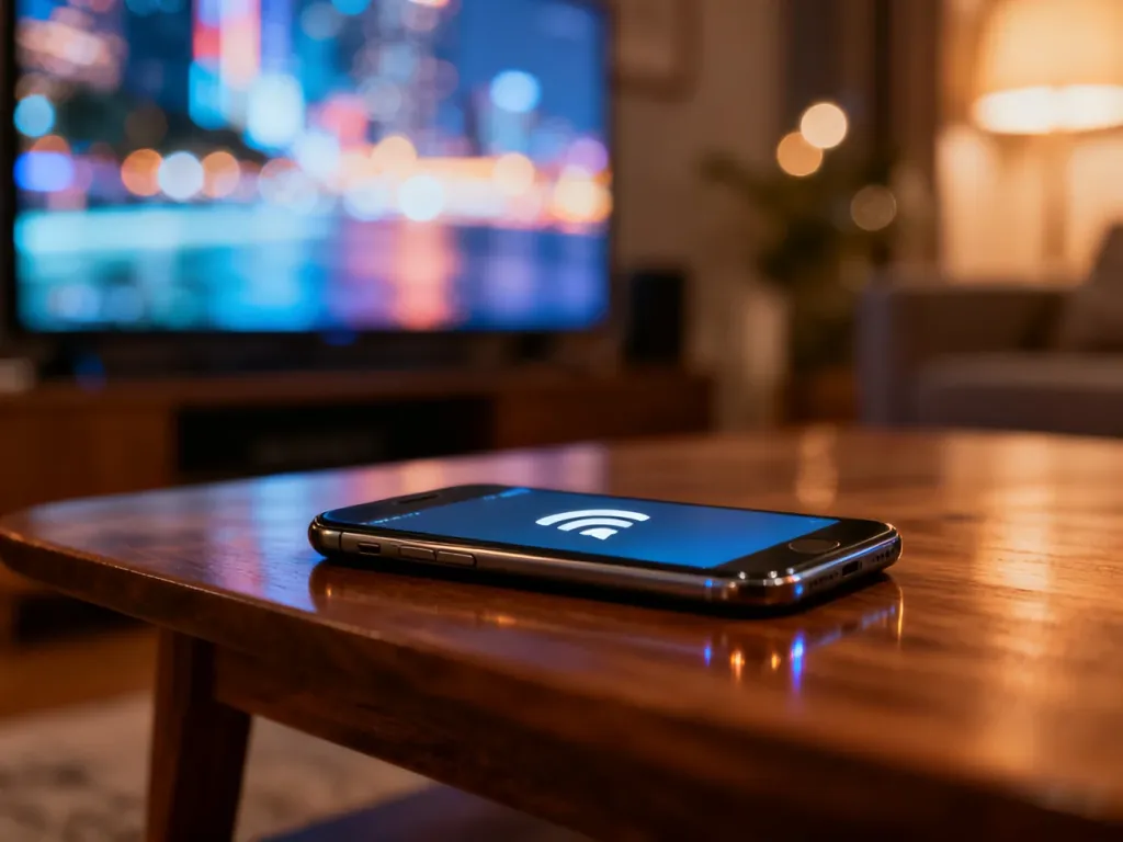 Nowoczesny smartfon z ikoną bezprzewodowego połączenia, przesyłający obraz na telewizor w przytulnym salonie.