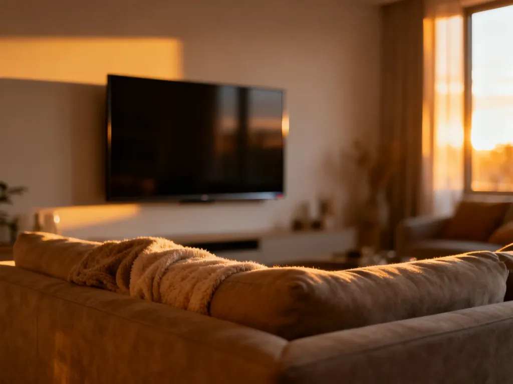 Nowoczesny salon z telewizorem zamontowanym na ścianie na wysokości wzroku, zapewniający komfortowe oglądanie z kanapy.