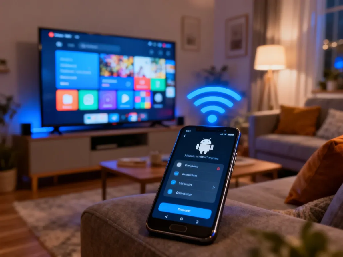 Telefon z Androidem bezprzewodowo klonujący ekran na telewizorze
