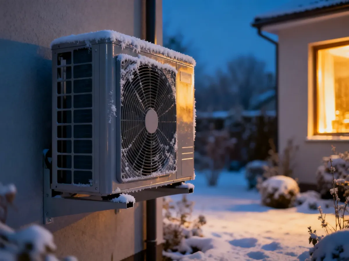 Zewnętrzna jednostka klimatyzatora z pompą ciepła pokryta szronem na tle zaśnieżonego ogrodu w zimowy wieczór.