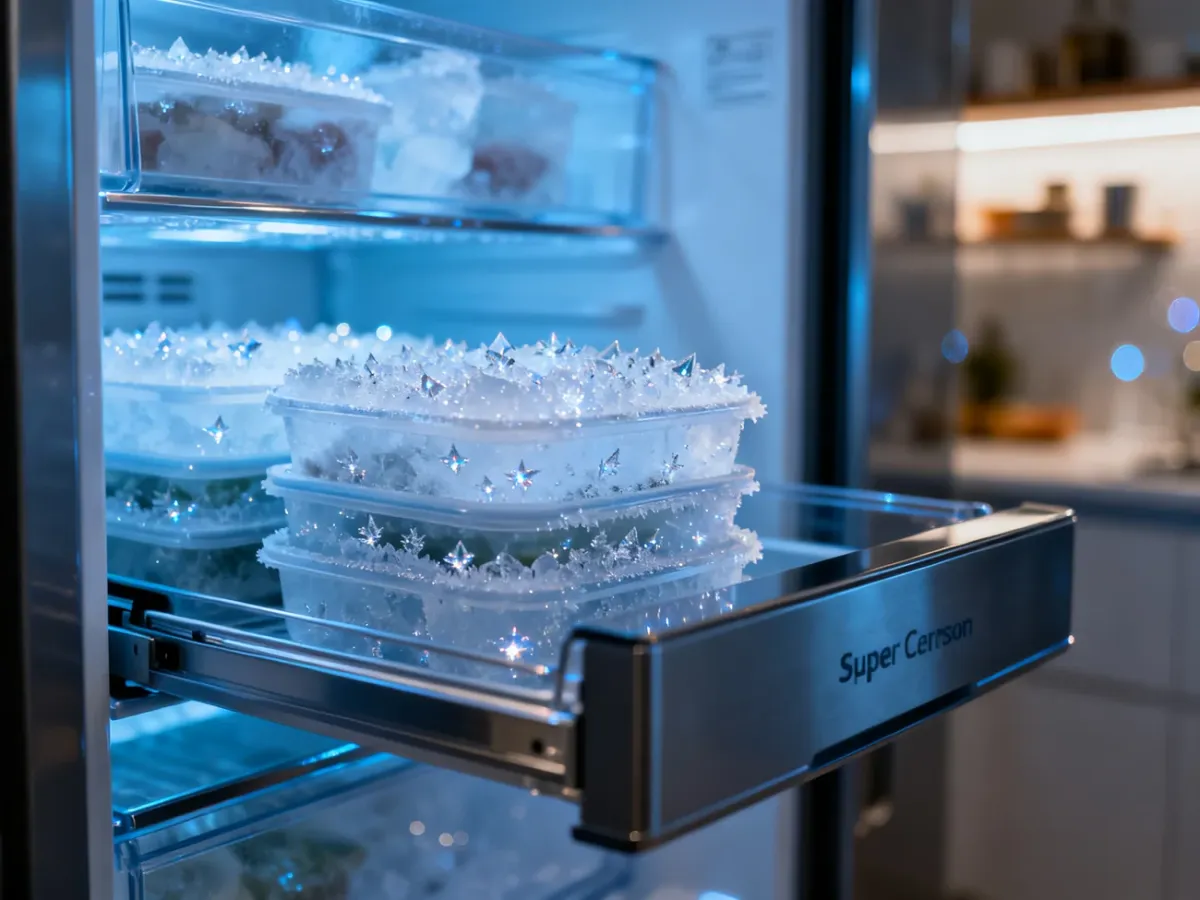 Wnętrze nowoczesnej zamrażarki z wysuniętą szufladą, na której widać szron pokrywający przechowywane produkty.