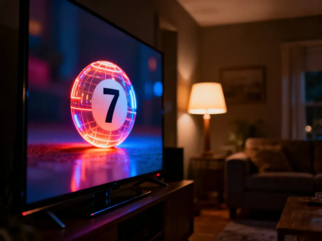Zbliżenie na ekran telewizora z podświetlaną kulą Lotto z numerem siedem w przytulnym salonie.