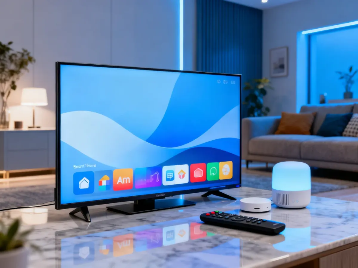 Nowoczesny telewizor Smart TV z interfejsem aplikacji i urządzeniami smart home